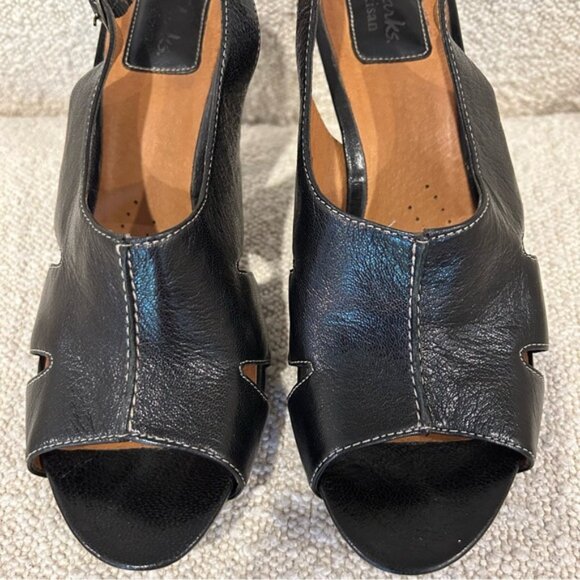 Clarks Artisan Splendor Lily Peep Toe Sandal Black Leather Slingback Block Heel - Picture 3 of 7